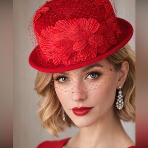 Elegant Red Floral Hat vintage brand August made in the USA wool Kentucky, Derby